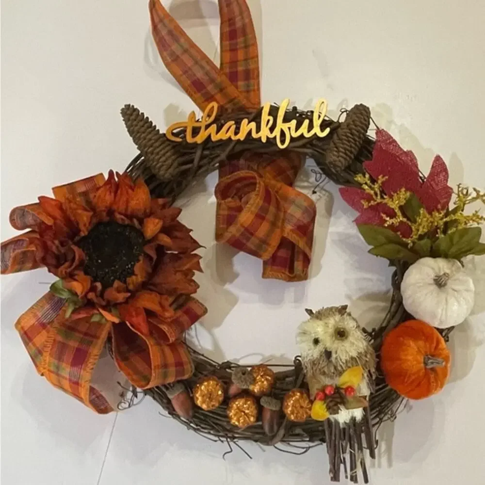 Thankful Owl Harvest Grapevine Wreath 16